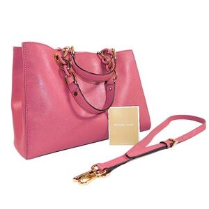 Michael Kors Pink Saffiano Leather Tote Bag Gold Chain‎ Shoulder Crossbody